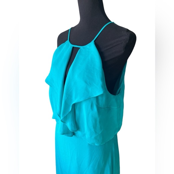 Bebe Teal Sleeveless V-Neck Flutter Trim Open Back Cocktail Dress, Size 12 - Picture 2 of 8